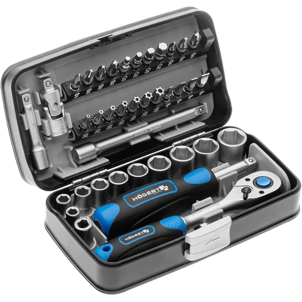 Högert HT1R462 Coffret à outils – Jeu de douilles tournevis à cliquet – Noir/bleu 1/4" & FACOM-Pinces 170A.25 Pinces Multiprises Standard 25 mm : Bricolage