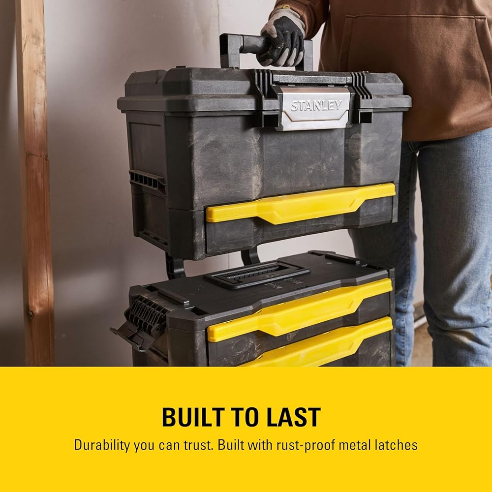 Stanley 1-79-206 Servante modulable avec 4 Tiroirs montés Sur Glissière - Système de Clips Latéraux - Poignée Télescopique - Polypropylène - Dimensions 866 x 488 x 348mm Noir : Bricolage