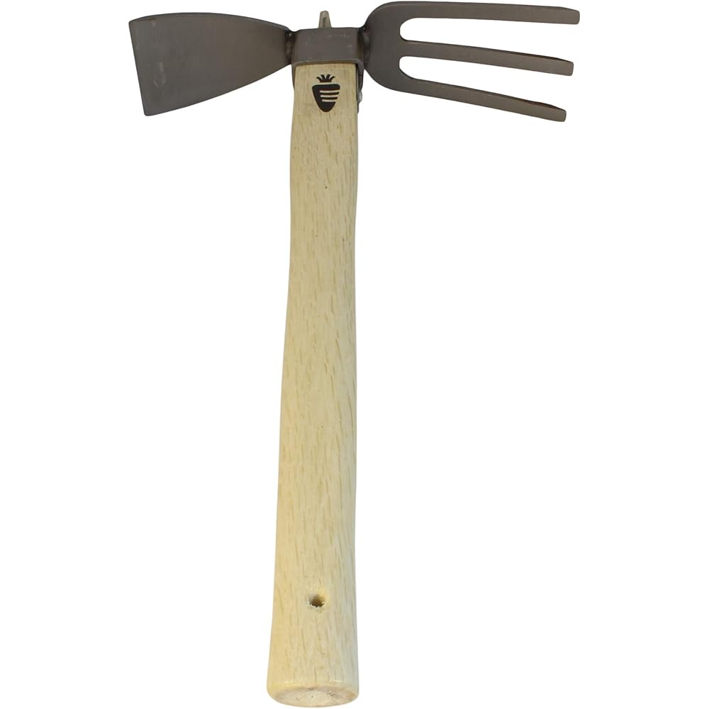 Carrot Design Binette de jardin et cultivateur en acier inoxydable de style japonais à double tête – 3 dents – Outils de jardin avec poignée en bois : Jardin