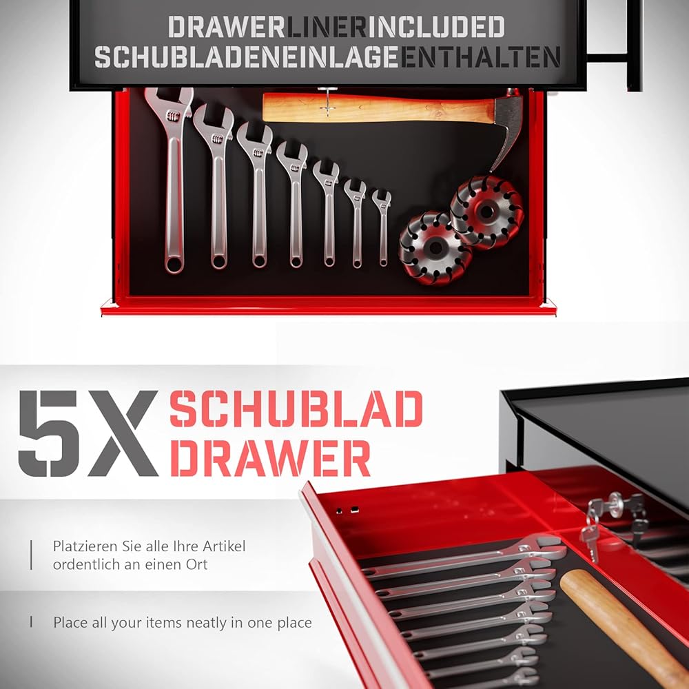TIMBERTECH® Chariot à Outils - avec 4/5/7/9 Tiroirs, 4 roulettes (2 avec Frein), en Acier - Servante d'Atelier, à roulettes, de Rangement, Caisse à Outils Amovible : Bricolage