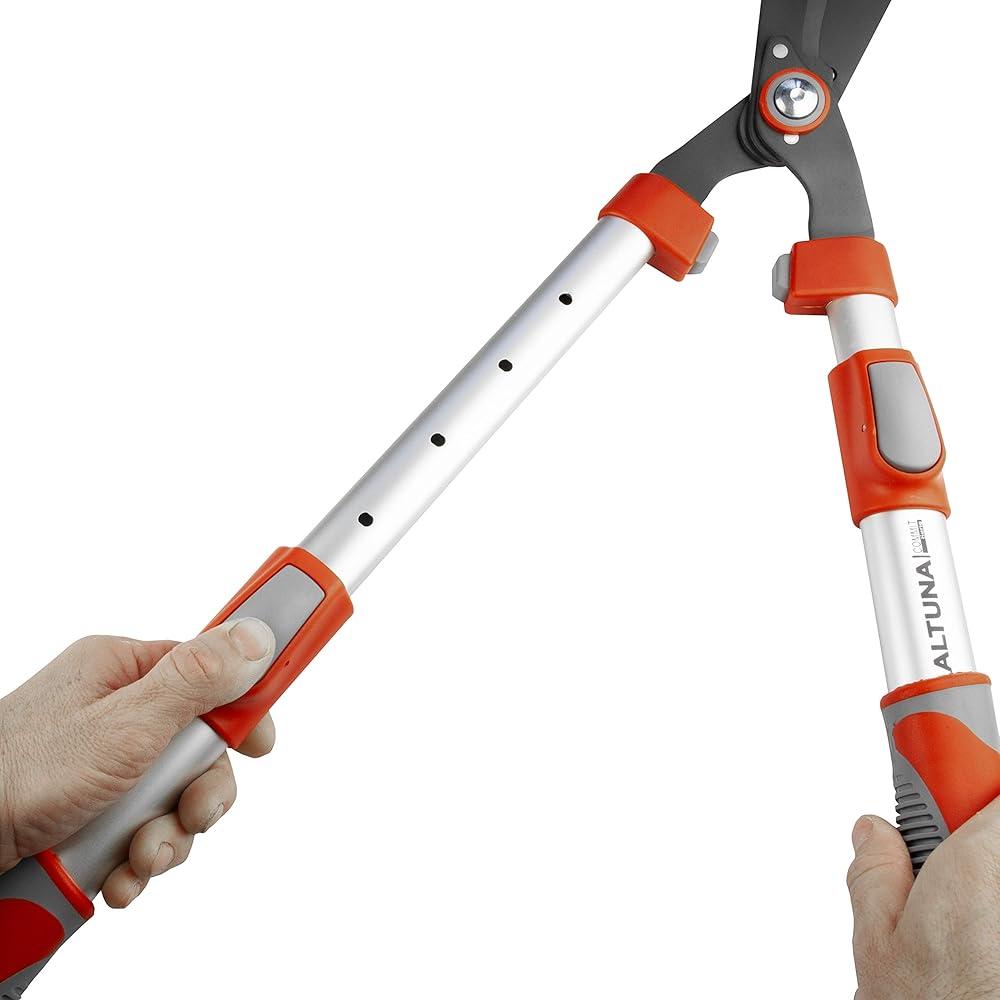 Taille-haie télescopique J449 - Manche bi-matière - Lame ondulée - Solide et très léger - Sécateur renforcé en aluminium - Convient pour les haies et les pelouses - Altuna : Jardin