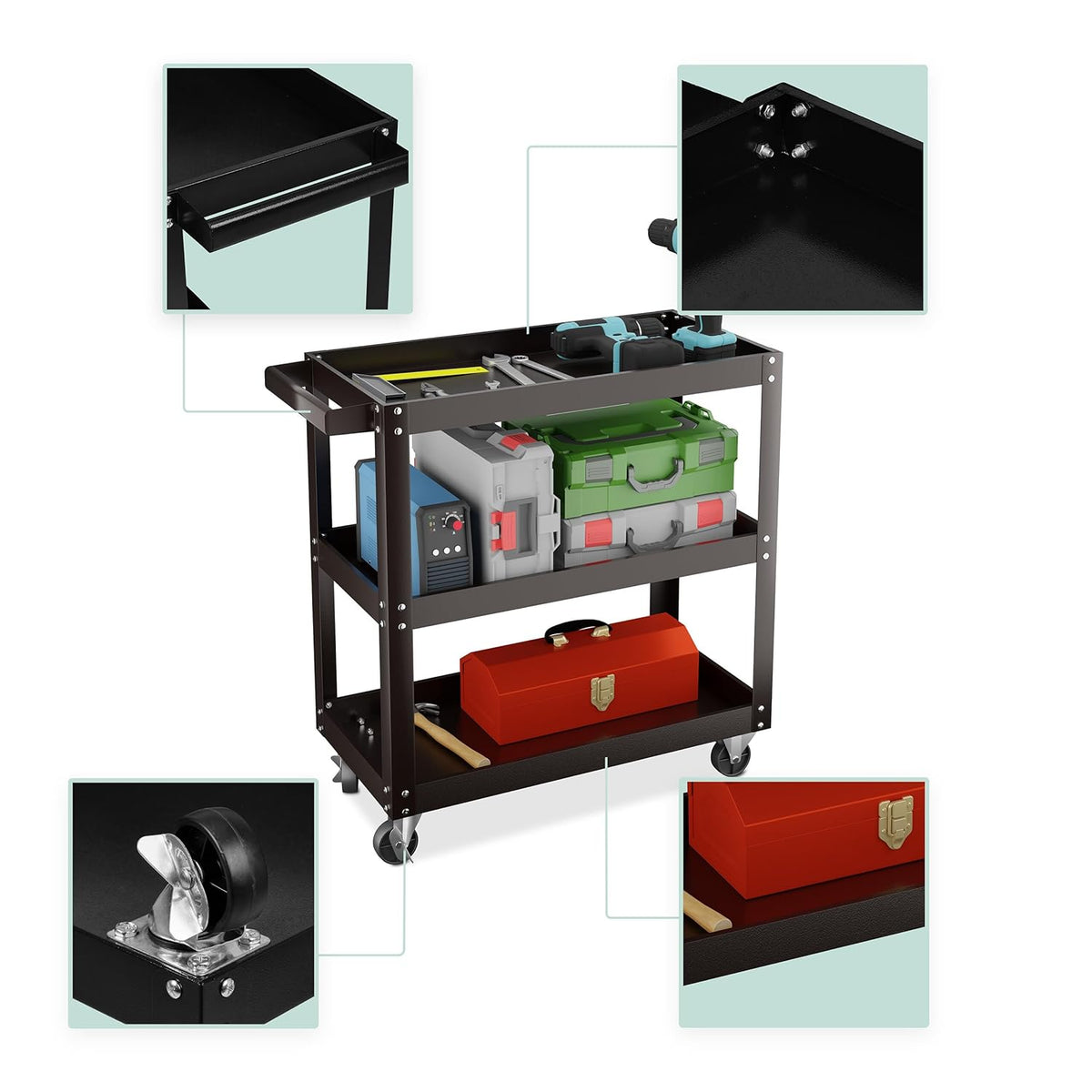Relaxdays Chariot d'atelier, 3 Niveaux, Charge maximale : env. 100 kg, H x L x P : 76 x 78 x 35 cm, Noir : Bricolage