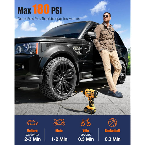 : AUTDER Compresseur à Air Portatif, Gonfleur Pneus Voiture, Max 180 PSI/12.4 Bar, Compresseur Voiture sans Fil avec Batterie 21V et 12V DC, pour Voitures, Vélos, Motos, Ballons, Jaune