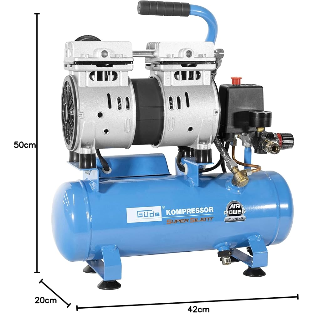Güde Compresseur Airpower 105/8/6 SILENT (sans huile, silencieux, seulement 59 dB(A), max. 8 bar, 550 W, chaudière de 6 l, quantité 94 l/min, réducteur de pression, manomètre, soupape de sécurité et : Bricolage