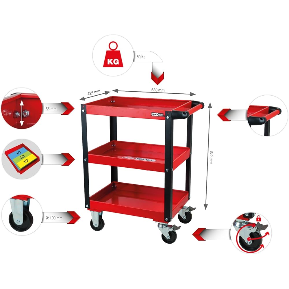KS TOOLS 890.0001 - Chariot d'atelier métal - Plateaux à rebords - Avec poignée latérale - Avec 4 roues directionnelles - En acier Couleur : Commerce, Industrie et Science