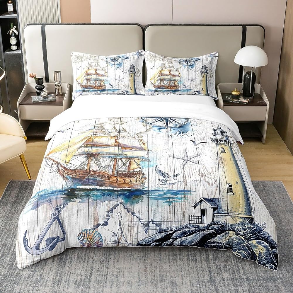 Homemissing Bateaux à Voile 100% Coton Enfants Ancre Parure de Lit 220x240cm Bois Compass Imprimer Housse de Couette Océan Voyage Aventure en mer Parure Housse de Couette : Cuisine et Maison