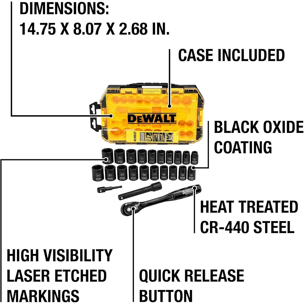 DEWALT DWMT74739 Coffret de douilles à choc 1/2" 23 pièces : Bricolage