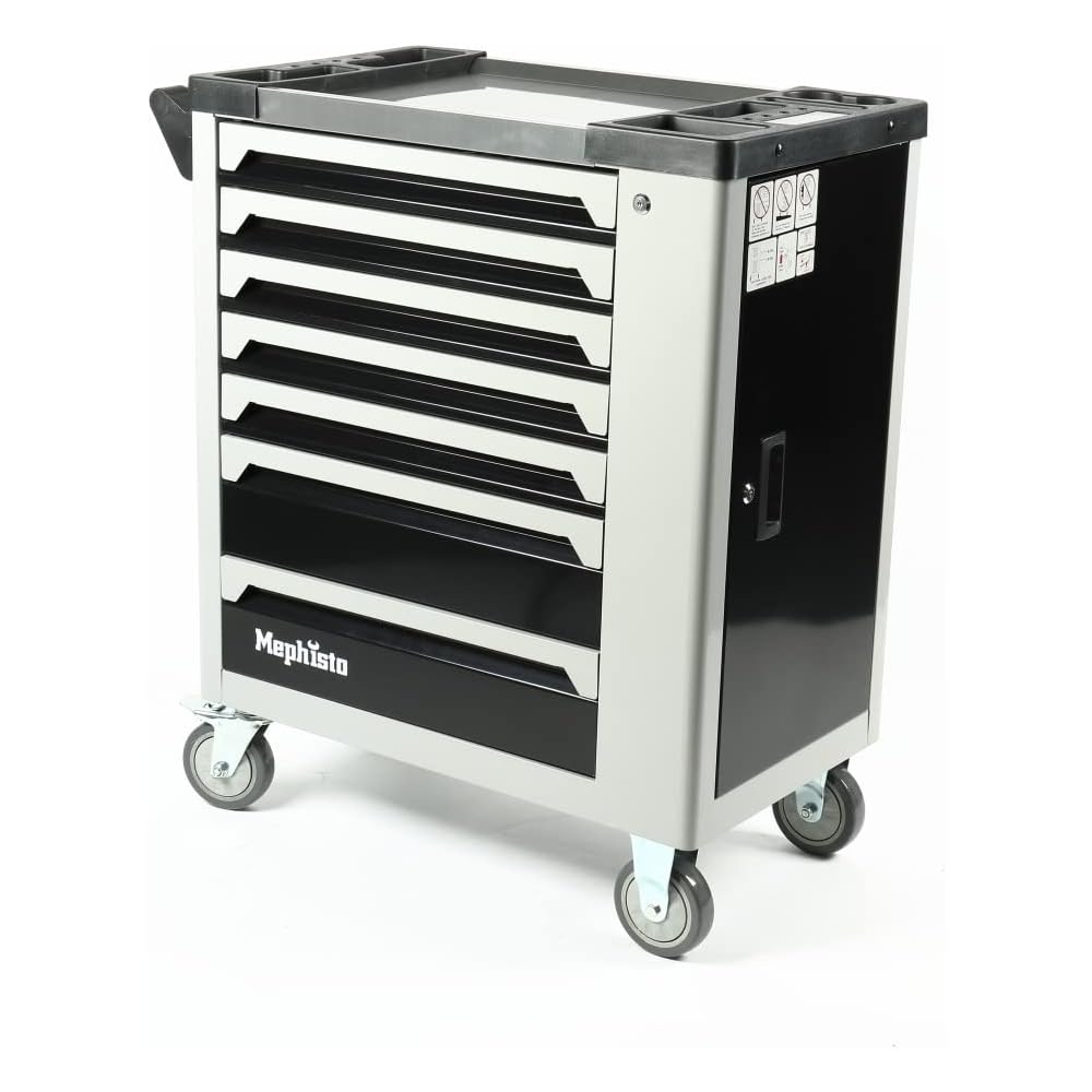 Mephisto Chariot d'atelier XXL Tool Wagen avec 7 tiroirs dont 7 avec outils dans des incrustations souples dans un tiroir rempli aspect carbone + insert supplémentaire avec clé à molette : Bricolage