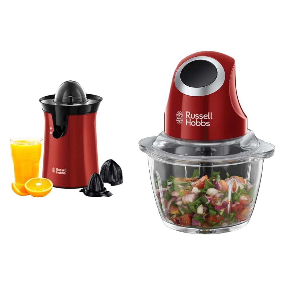 Russell Hobbs Presse Agrumes Electrique, 2 Sens Rotation, 2 Cônes Interchangeables, Jus de Fruit Frais Rapide - Rouge 26010-56 & Hachoir Electrique Bol Préparation 1L, Rouge 24660-56 Desire : Cuisine et Maison