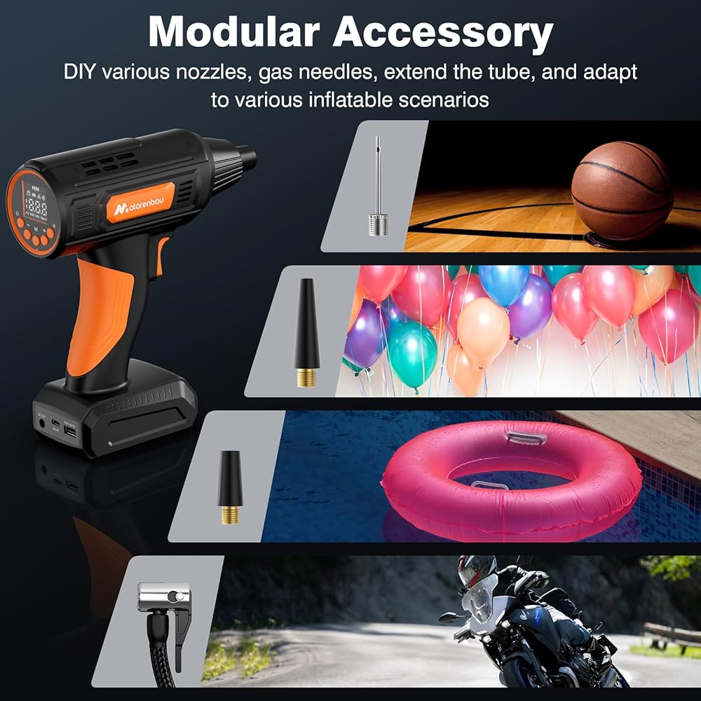 Motorenbau Gonfleur Pneus Voiture Numérique Portable,120W Compresseur d'air,Pompe à Air Alimentée par Batterie 12V,avec lumière LED,manomètre numérique,pompe à air rapide : Bricolage