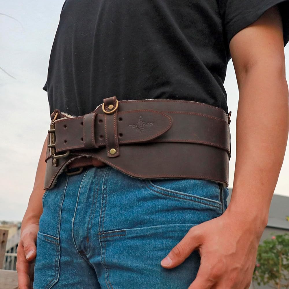 TOURBON Ceinture à outils en cuir véritable pour menuisiers électriciens Ceinture de travail rembourrée Système de ceinture Stronghold : Bricolage