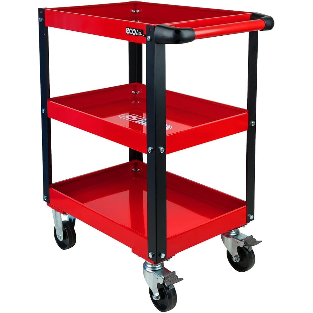 KS TOOLS 890.0001 - Chariot d'atelier métal - Plateaux à rebords - Avec poignée latérale - Avec 4 roues directionnelles - En acier Couleur : Commerce, Industrie et Science
