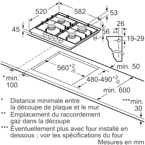 Bosch PCP6A5I90 Série 6 Plaque gaz 4 foyers inox