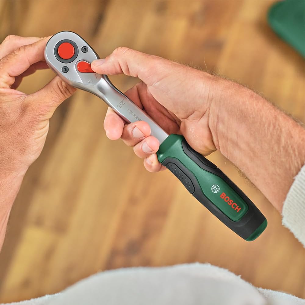 Bosch Set 25 clés à cliquet 1/2" (cliquet puissant 1/2" pour bricolage ; couple jusq. 768 Nm ; bouton verrouill; inverseur ; manche courbé ; Softgrip ; coffret transport) : Bricolage