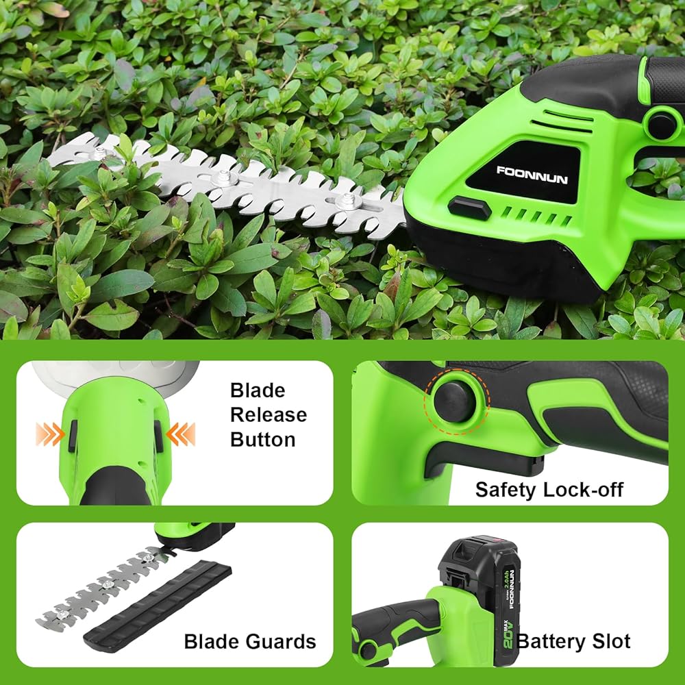 FOONNUN 2 en 1 Cisailles à Gazon, Taille Haie a Batterie avec 1x2000 mAh Batterie, Electrique Cisaille de Jardin, 2 Lames(13cm&20cm), Cisailles à Gazon Sans Fil Portatives pour Arbustes, Jardin, Gazon : Jardin