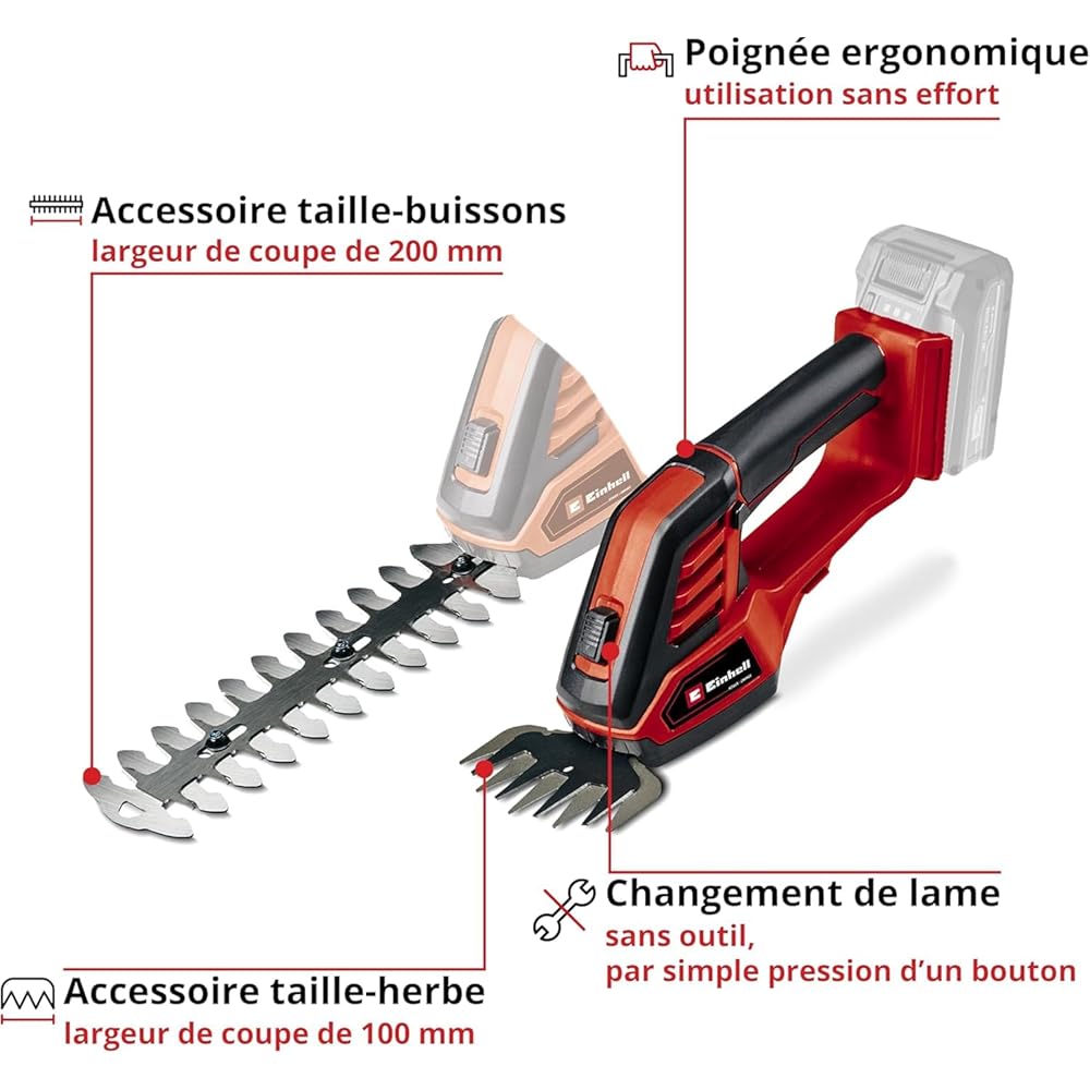 Einhell Cisaille à gazon sans fil GE-CG 18/100 Li-Solo Power X-Change (18V, boîte de vitesses couverte, changement de lame sans outil) Livré sans Batterie ni Chargeur : Bricolage