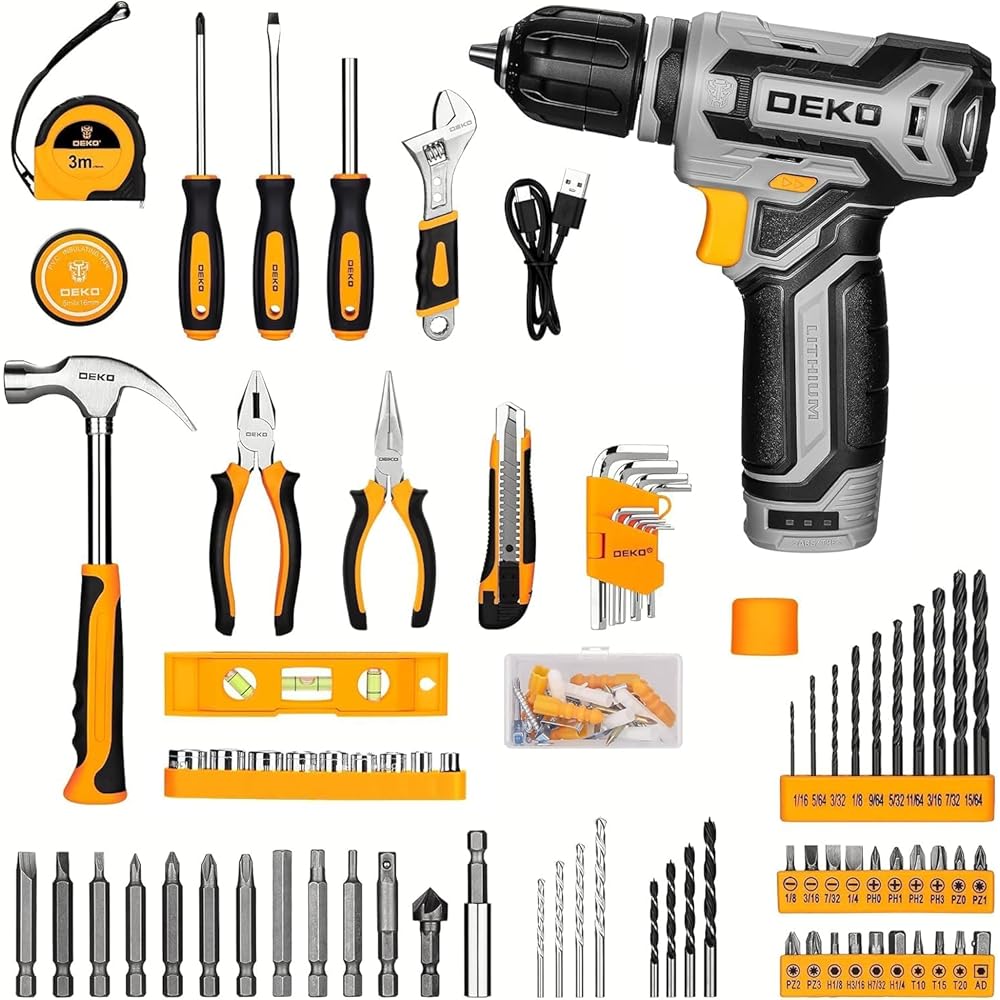 boite a outils complete 133 pièces - DEKO PRO Mallette à outils grise pour réparations domestiques et bricolage, avec perceuse visseuse électrique 12 V pour percer et serrer/desserrer les vis : Bricolage