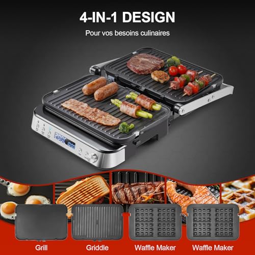 AMZCHEF Appareil 4-en-1 Grill, Panini, Gaufrier