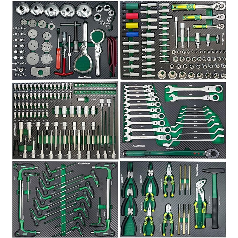 Servante d'atelier Kraft Muller KM-XXL-8/7 TOOL VERT ARMEE, 309 outils avec clé Dynamo, 7 tiroirs/1 porte Façade, roulettes : Bricolage