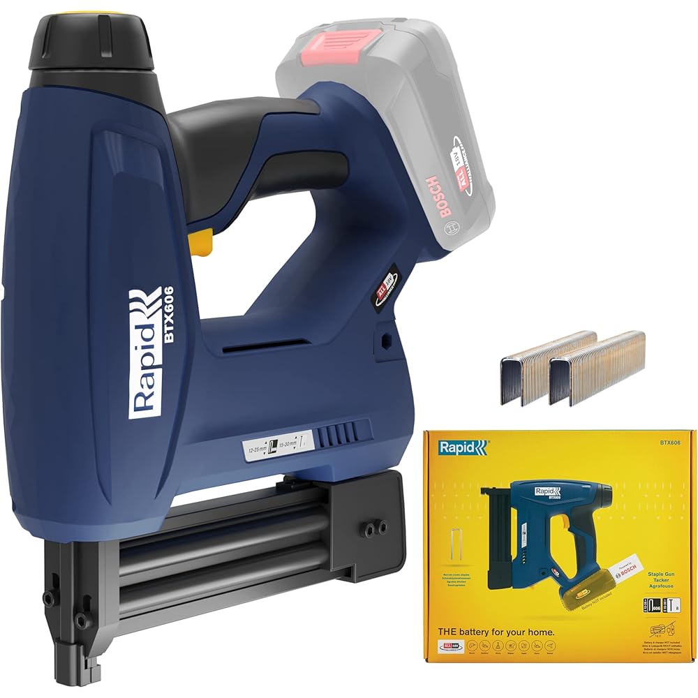 Rapid BTX606 - Agrafeuse Murale P4A 18V, Agrafeuse-Cloueuse Électrique Sans Fil à Batterie, pour Agrafes à Couronne Étroite & Pointes, Bois Dur & Tendre - Batterie Non Incluse (5001505) : Bricolage