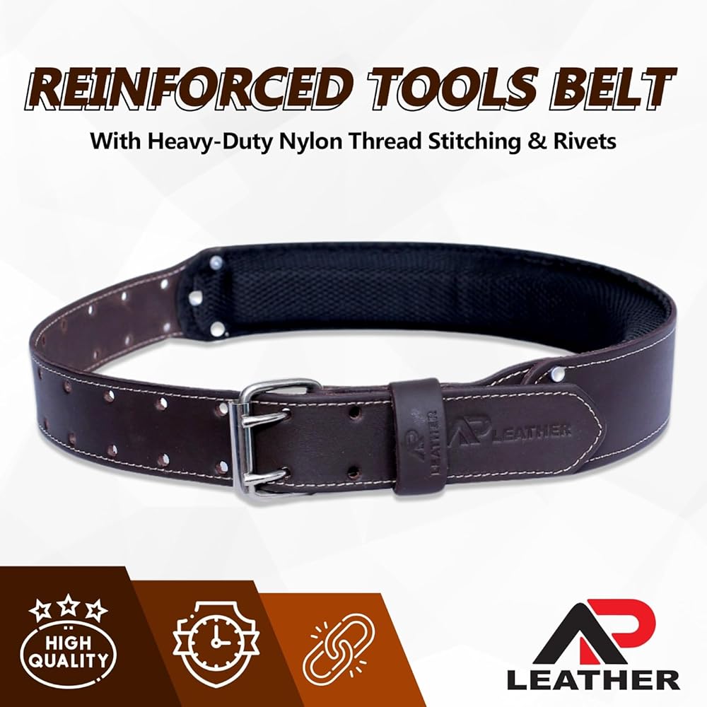 AP LEATHER Pro-501 Ceinture à outils en cuir tanné à l'huile pour tour de taille de 76,2 cm à 132,1 cm, cuir de qualité supérieure avec ceinture à outils de 4 mm d'épaisseur rembourrée (chocolat) : Bricolage