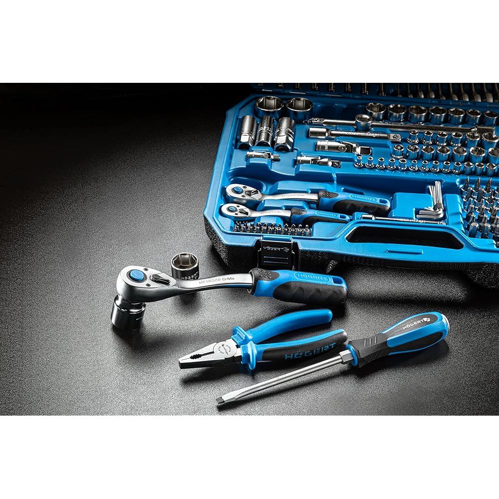 Högert Technik - Kit d'outils I Clé à douille, embouts et accessoires I Acier allié Cr-V de haute qualité I Forgé I Mécanisme à cliquet avec 72 cliquets de verrouillage I HT1R444-222 pièces : Bricolage