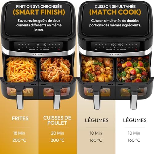 LLIVEKIT Friteuse sans huile 10L, 2 cavités 12-en-1 avec rôtissoire