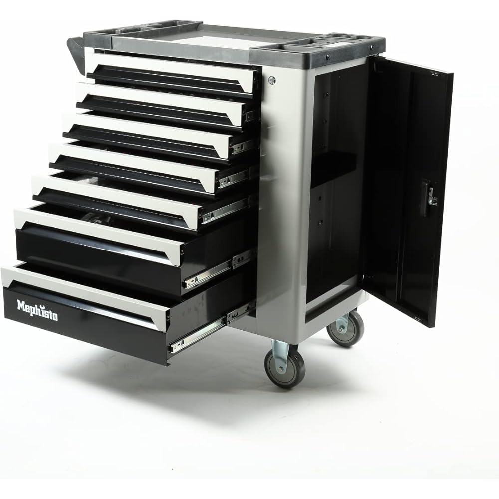 Mephisto Chariot d'atelier XXL Tool Wagen avec 7 tiroirs dont 7 avec outils dans des incrustations souples dans un tiroir rempli aspect carbone + insert supplémentaire avec clé à molette : Bricolage