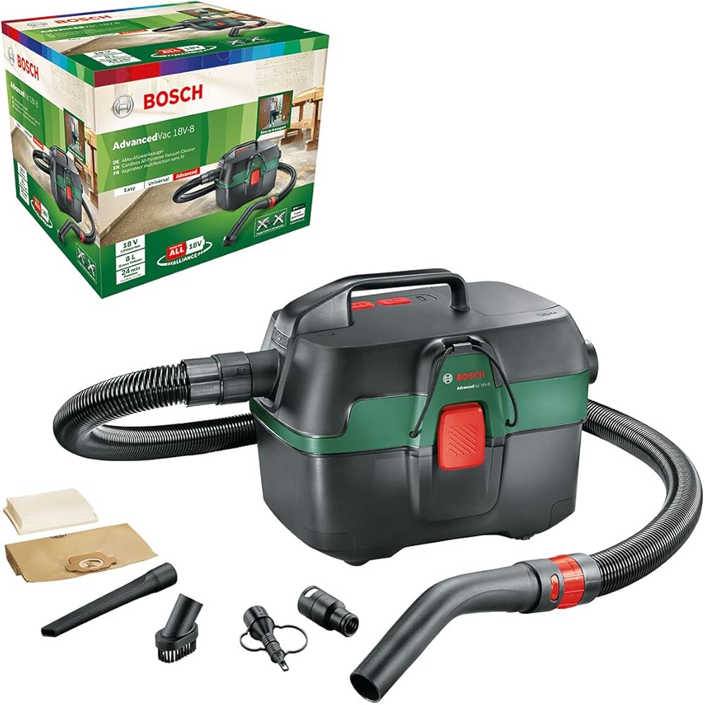 Bosch Home and Garden - Aspirateur d’eau et poussière sans fil Bosch - AdvancedVac 18V-8 (sans batterie, système 18V, set d’accessoires inclus, livré dans un emballage en carton) : Cuisine et Maison