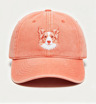 Zyentral - Washed Cotton Hat, Coral Border Collie Embroidery