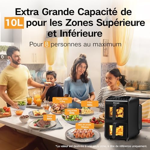LLIVEKIT Friteuse sans huile 10L, 2 cavités 12-en-1 avec rôtissoire