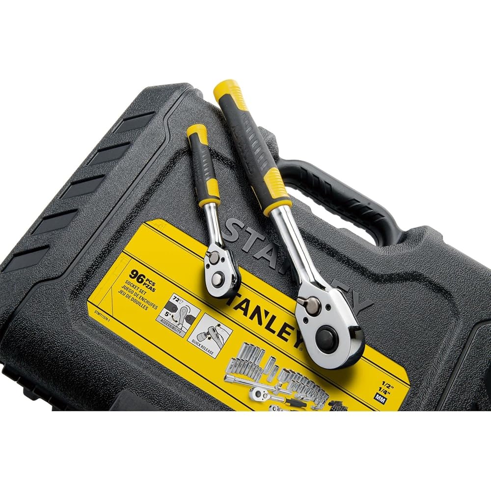 Stanley - COFFRET DE DOUILLES - 1 Cliquet 72 dents ¼’’ - 1 Cliquet 72 dents ½’’ - 41 embouts de vissage - JEU DE 96 PCS - STMT17379-1 : Bricolage