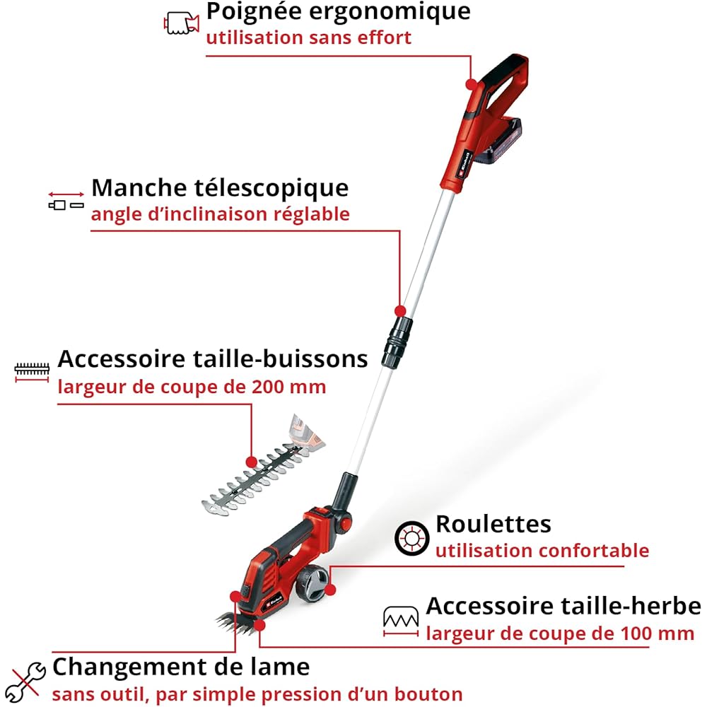 Einhell Cisaille à gazon taille-buissons sans fil GE-CG 18/100 Li T Kit Power X-Change (18 V, manche télescopique, acc. coupe-herbe 100 mm, acc. taille-buissons 200 mm, avec batterie 2,5 Ah +chargeur) : Jardin