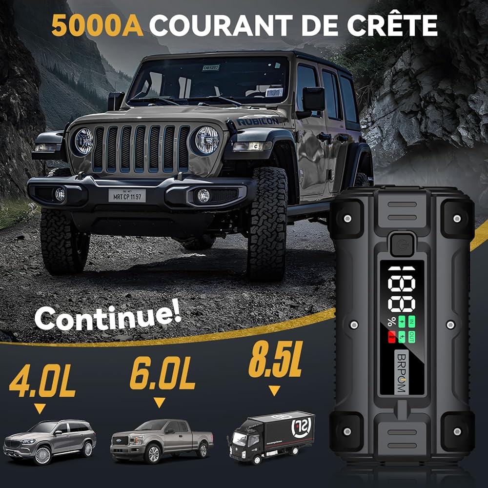 BRPOM Booster Batterie Voiture 5000A, 26800mAh Portable (Jusqu'à 8.5L Diesel & Tout Gaz), 12V Jump Starter, Démarreur de Batterie Avec Grand Ecran, QC 3.0 : Auto et Moto