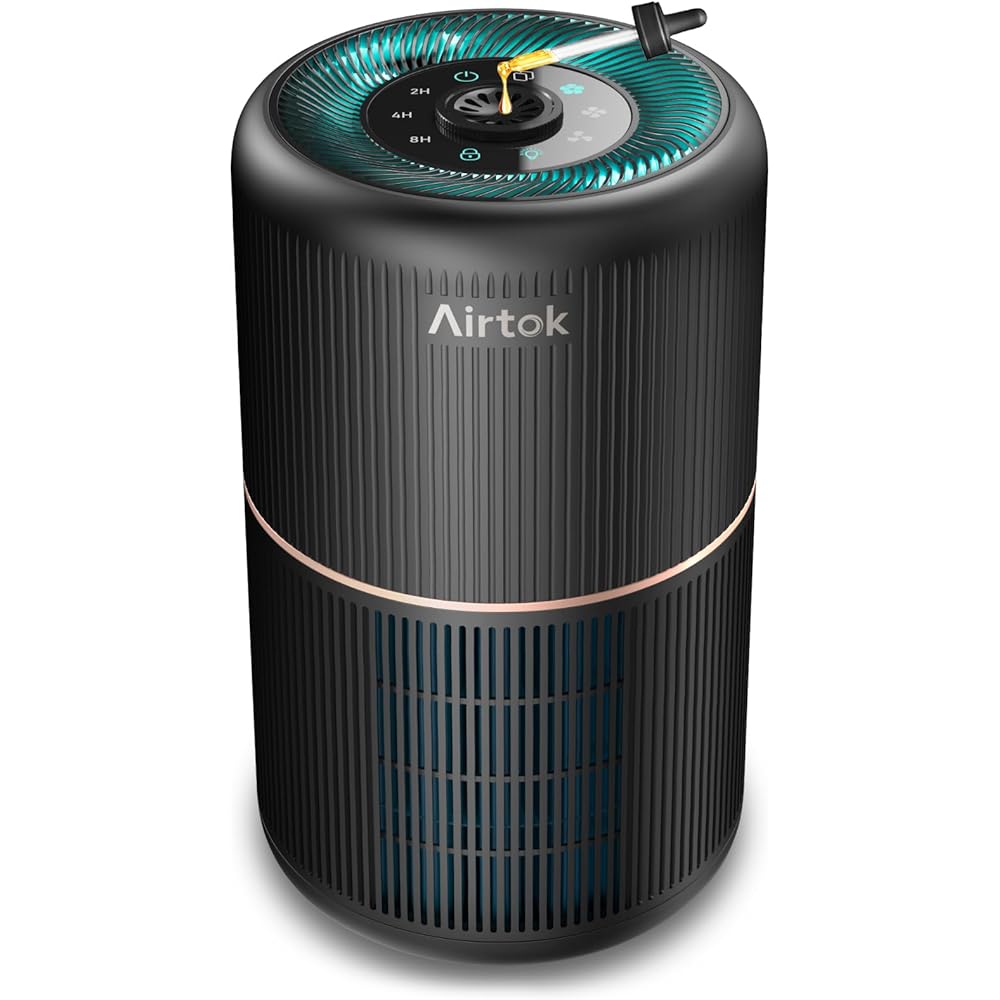 AIRTOK Purificateur d'Air, H13 HEPA Purificateur éliminant 99,97% de la poussière, de la fumée et des odeurs d'animaux, Air Purifier avec éponge parfumée, veilleuse, 3 niveaux de vitesse, Time : Cuisine et Maison