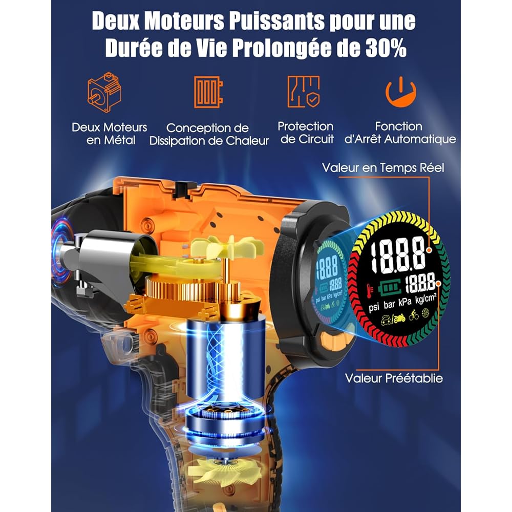 : AUTDER Compresseur à Air Portatif, Gonfleur Pneus Voiture, Max 180 PSI/12.4 Bar, Compresseur Voiture sans Fil avec Batterie 21V et 12V DC, pour Voitures, Vélos, Motos, Ballons, Jaune
