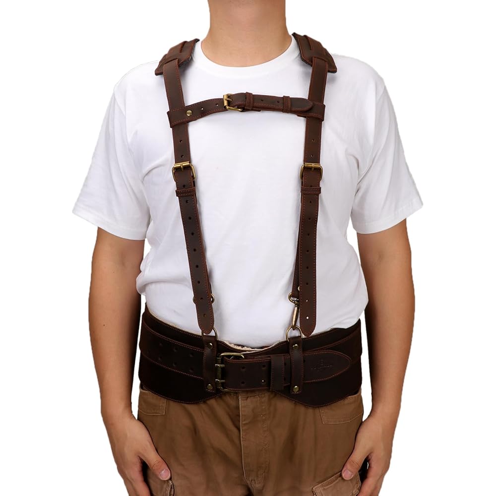 Tourbon Ceinture à outils en cuir véritable avec bretelles robustes pour électricien, charpentier : Bricolage