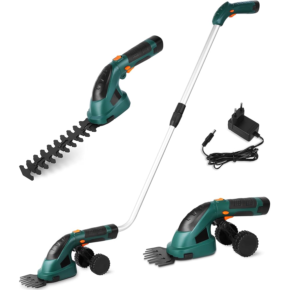 2en1 Cisaille à Gazon 7.2V, Coupe Bordure sans Fil, Tondeuse à Gazon, Taille Haies sans Fil, Manche Long Télescopique Détachable, 2 Types de Lames, Chargeur & Batterie, pour Couper Gazon/Buisson/Haie : Jardin