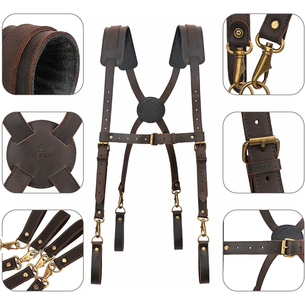Tourbon Ceinture à outils en cuir véritable avec bretelles robustes pour électricien, charpentier : Bricolage