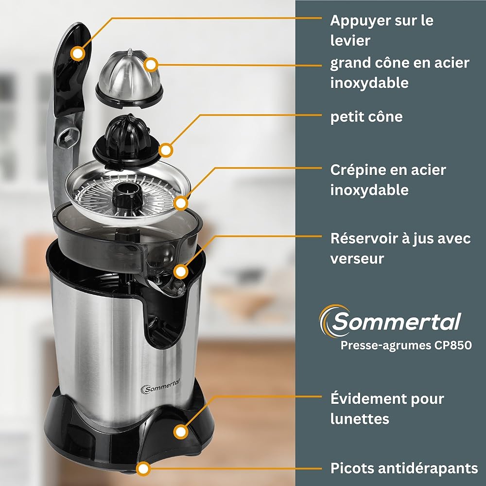 Sommertal CP850 - Presse-agrumes électrique avec moteur puissant de 850 W - Avec 2 cônes de pressage - Presse-agrumes manuel - Presse-agrumes en acier inoxydable - Presse-citron : Cuisine et Maison