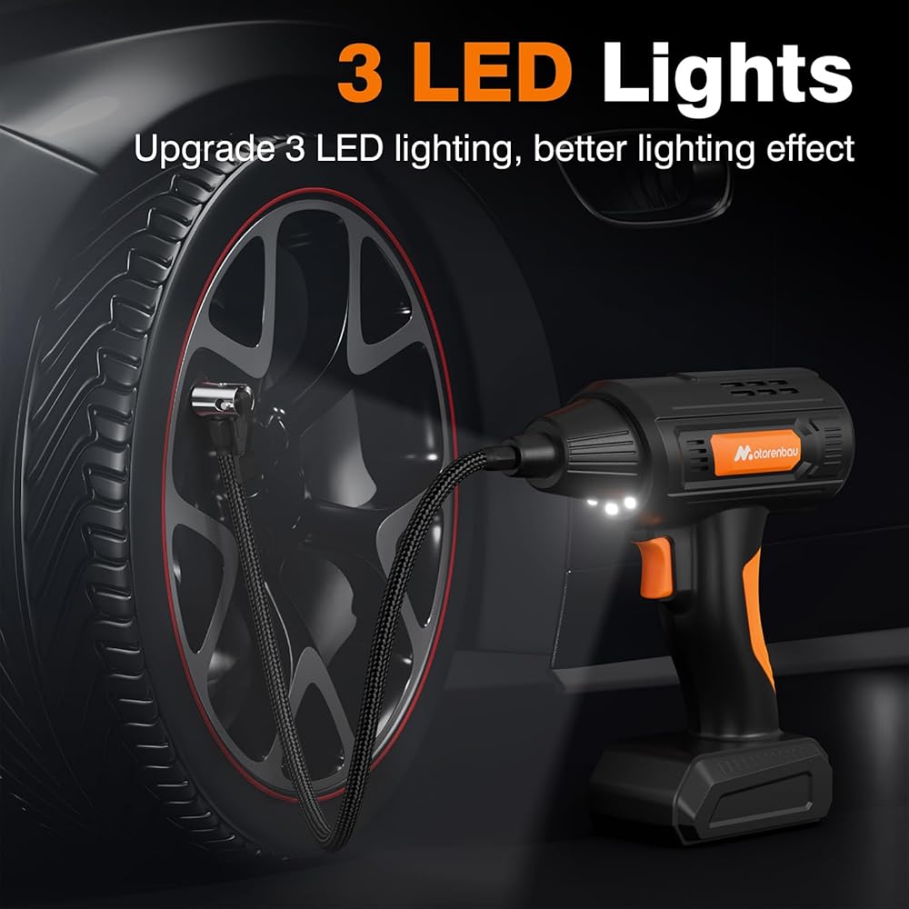Motorenbau Gonfleur Pneus Voiture Numérique Portable,120W Compresseur d'air,Pompe à Air Alimentée par Batterie 12V,avec lumière LED,manomètre numérique,pompe à air rapide : Bricolage
