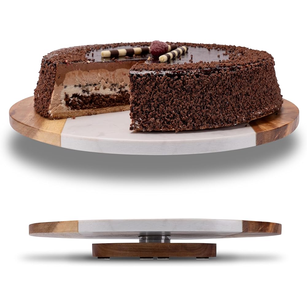 Fino Casa Plateau en Marbre Rotatif Avec Bois d'Acacia - Rond - Gâteau, Fromage, Organiseur de Cuisine - Pied et Service Tournant : Cuisine et Maison