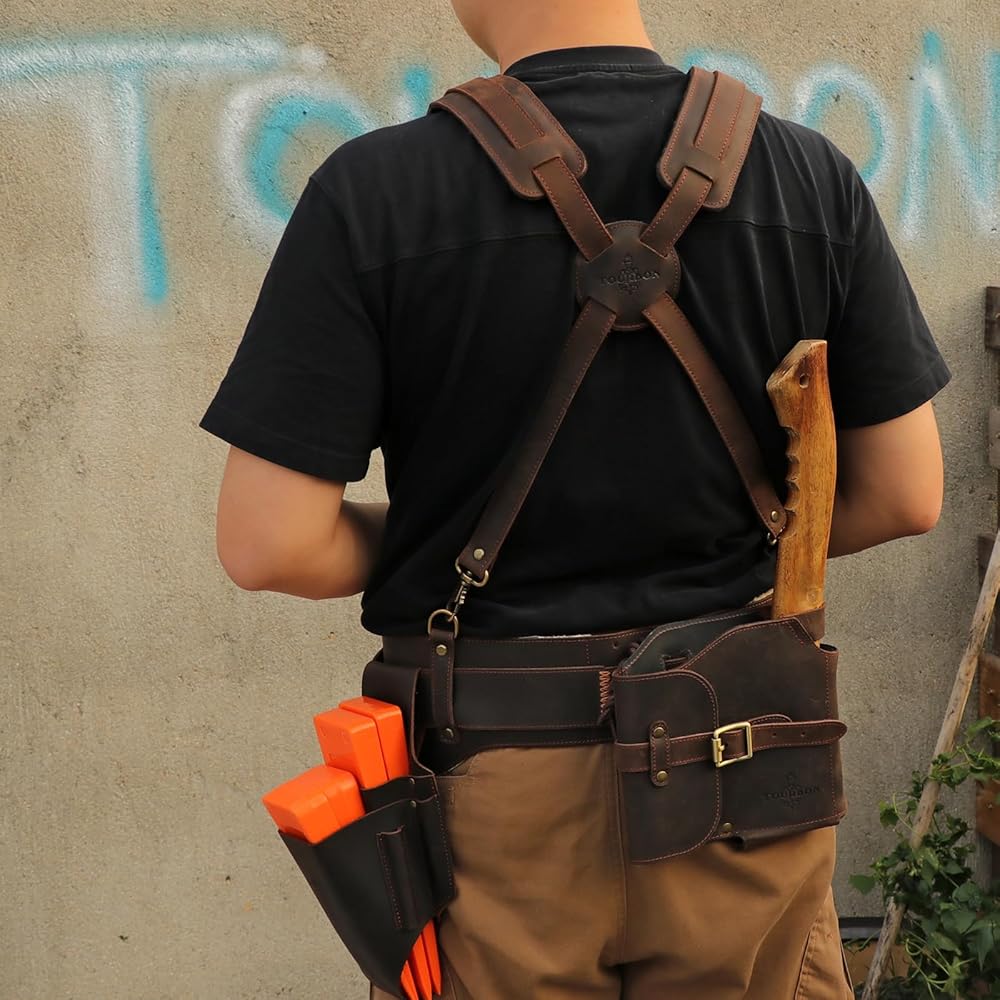 Tourbon Ceinture à outils en cuir véritable avec bretelles robustes pour électricien, charpentier : Bricolage