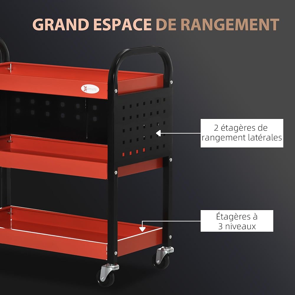 DURHAND Chariot d'atelier servante Atelier Chariot à Outil à 3 Niveaux avec étagères, Planches suspendues, Charge jusqu'à 100 kg, desserte Atelier pour Garage, entrepôt, Outils de Bricolage, Rouge : Commerce, Industrie et Science