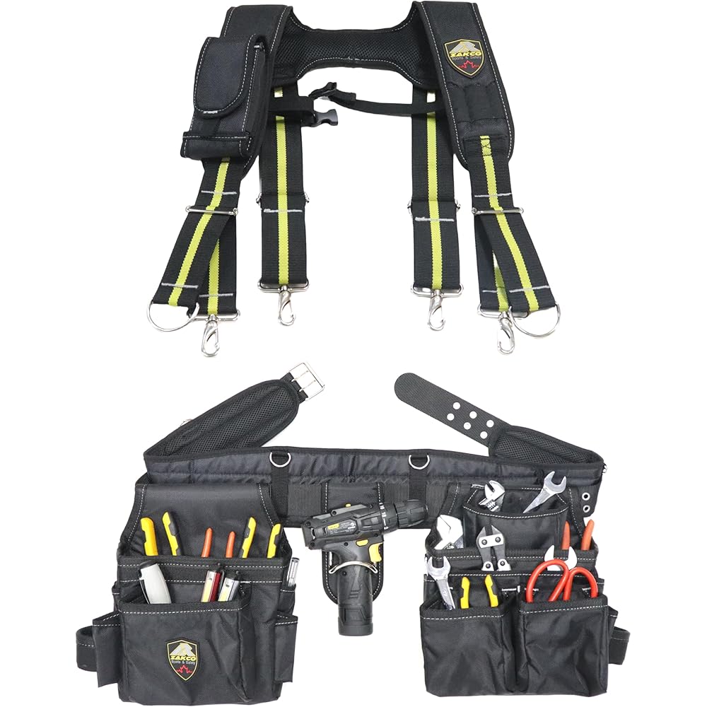 ZAKCO Ceinture à outils professionnelle en polyester 1680D avec bretelles, ceinture à outils robuste pour charpentiers, encadreurs, électriciens, plombiers, Hanyman et bricolage (noir, taille : Bricolage