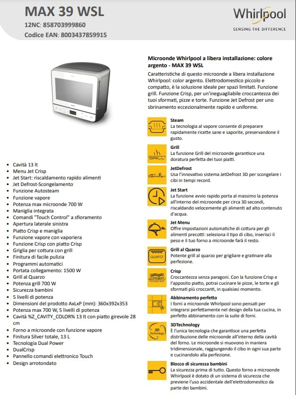 Whirlpool Max 39 WSL Micro-ondes grill avec fonction Crisp