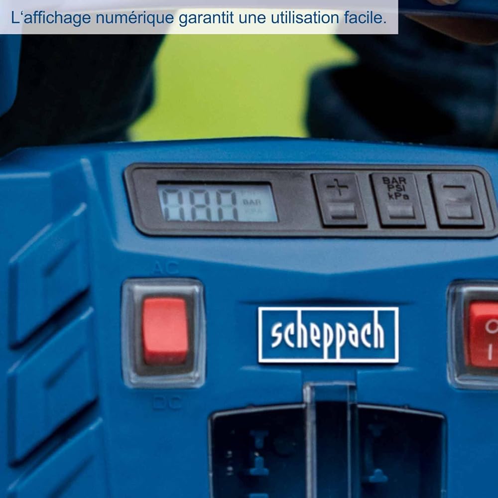 : Scheppach Compresseur Portatif Airforce5 | 150W | Affichage digital | Raccordement 12V-230V pour voiture/voiture | 8bar de pression | Forte admission d'air de 180 L/min | Accessoires inclus