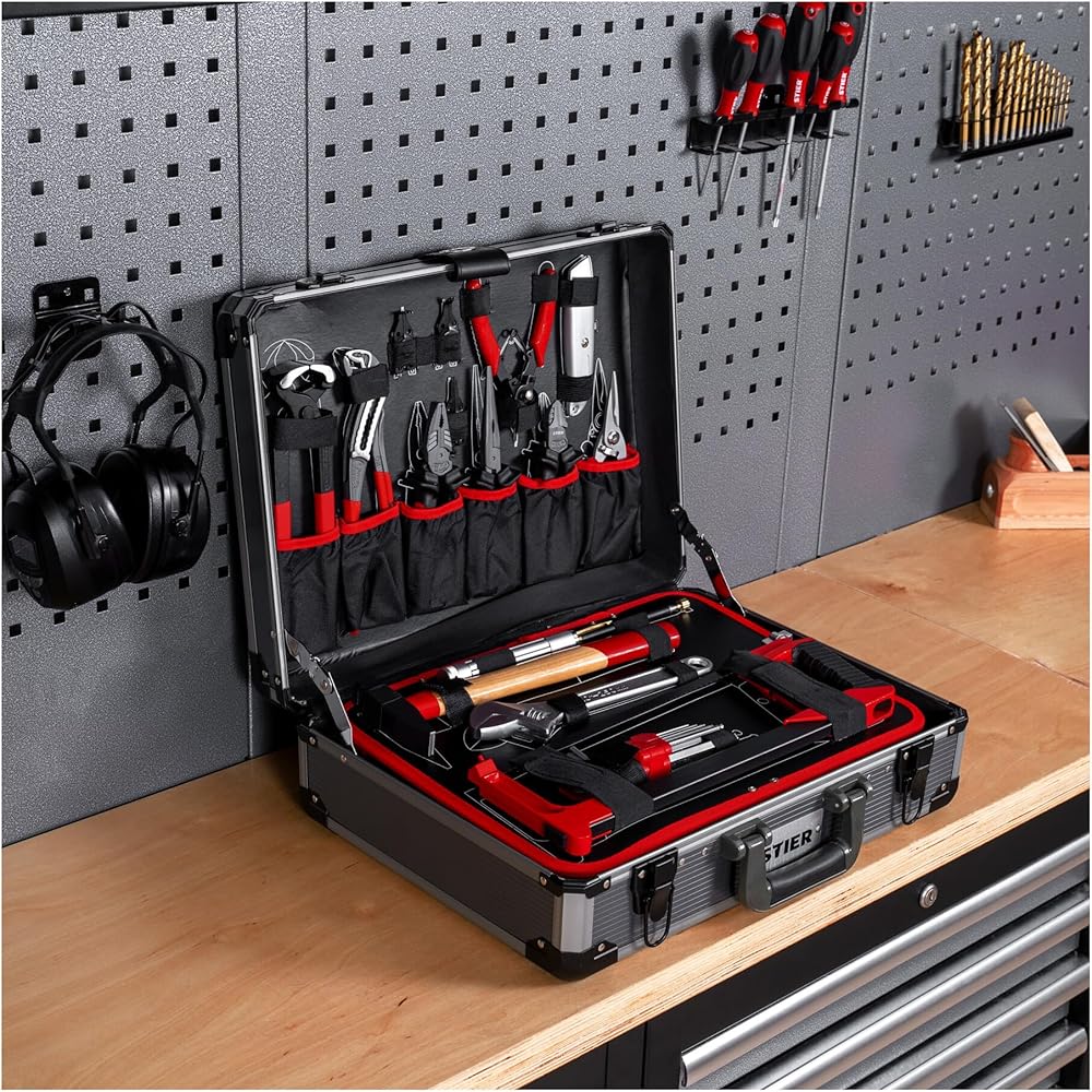STIER Mallette à outils complète, boîte à outils en aluminium de 144 pièces, outils universels pour les réparations quotidiennes, y compris tournevis, ciseaux, pinces et scies : Bricolage