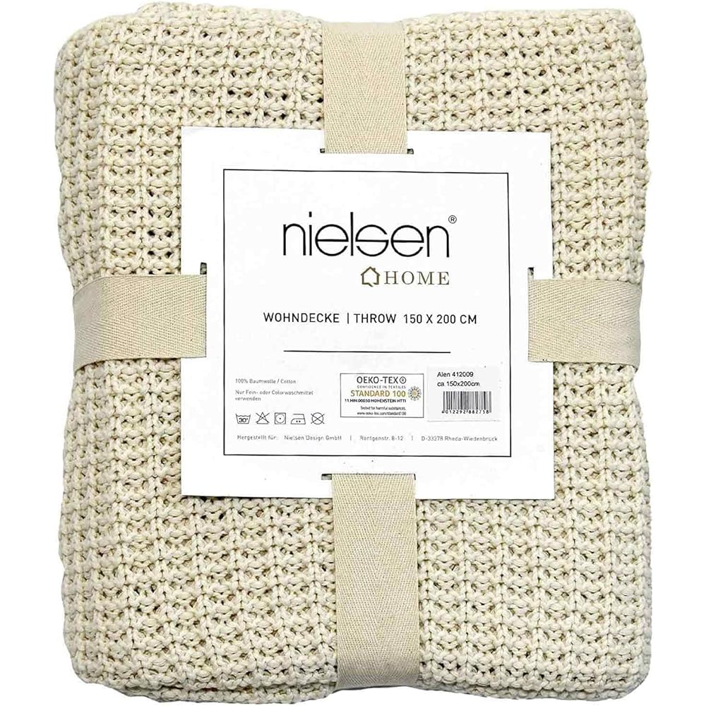 nielsen HOME Couverture Alen tricotée, 150x200 cm, Blanc crème, 100% Coton, tricoté, Tricot Grossier, Ökotex, Couverture en Tricot, Couverture Confortable, élégante et à la Mode : Cuisine et Maison