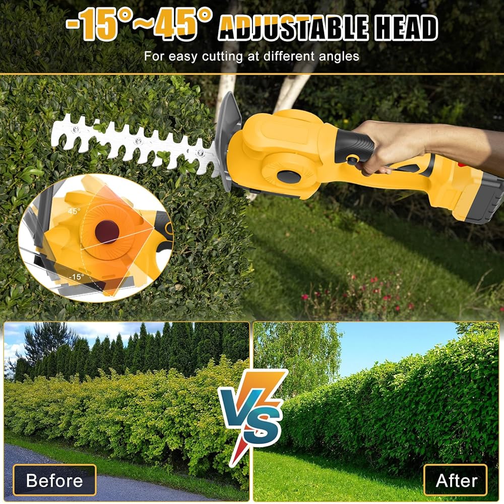 Taille-haie et cisaille à Gazon sans Fil 2 en 1, Cisaille à arbustes 60° réglable Compatible avec Dewalt 20V Batterie, Cisaille haie avec 2 Lames pour Tailler Les arbustes et l'herbe (sans Batterie) : Jardin